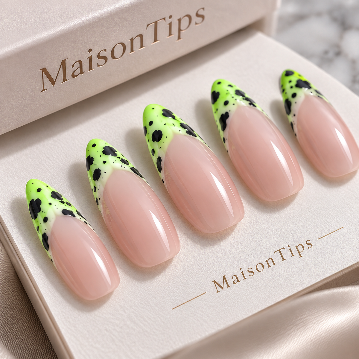 MaisonTips Neon Green French Tip Press On Nails for Women, Nude Pink Coffin Fake Nails with Black Spotted Design, Glossy Long Square Artificial Nails for Party, Vacation & Everyday Style