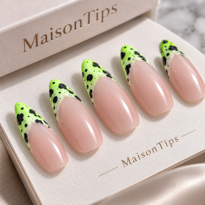 MaisonTips Neon Green French Tip Press On Nails for Women, Nude Pink Coffin Fake Nails with Black Spotted Design, Glossy Long Square Artificial Nails for Party, Vacation & Everyday Style